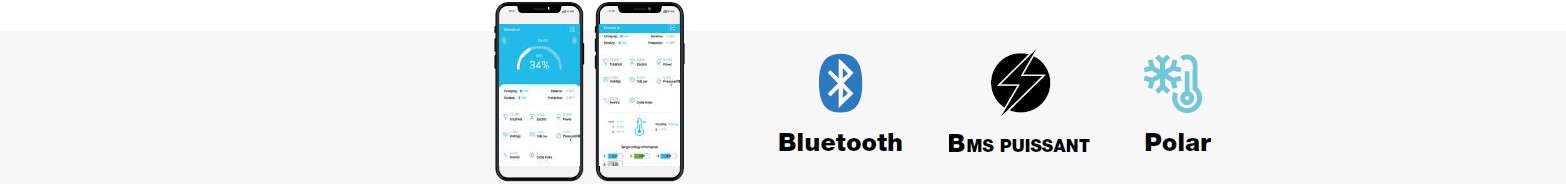 Vu application sur téléphone, logo BMS et symbole basse température